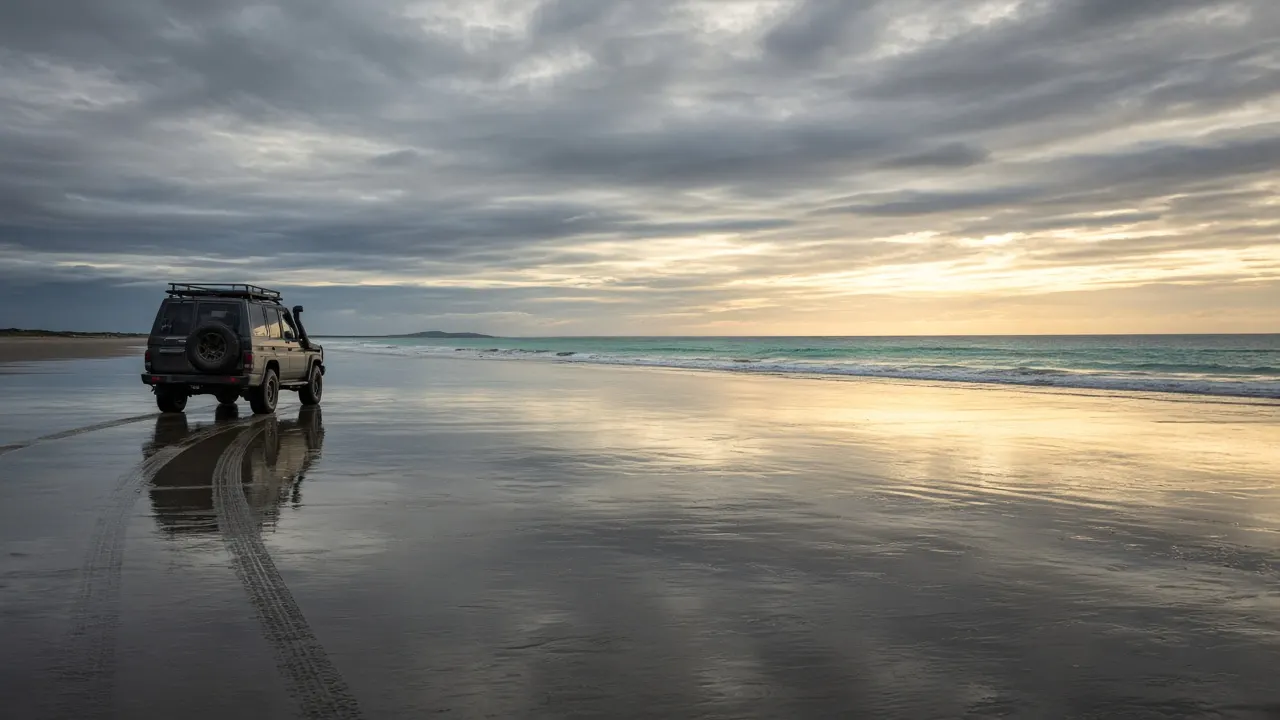 4WD travelling a tidal beach at low tide