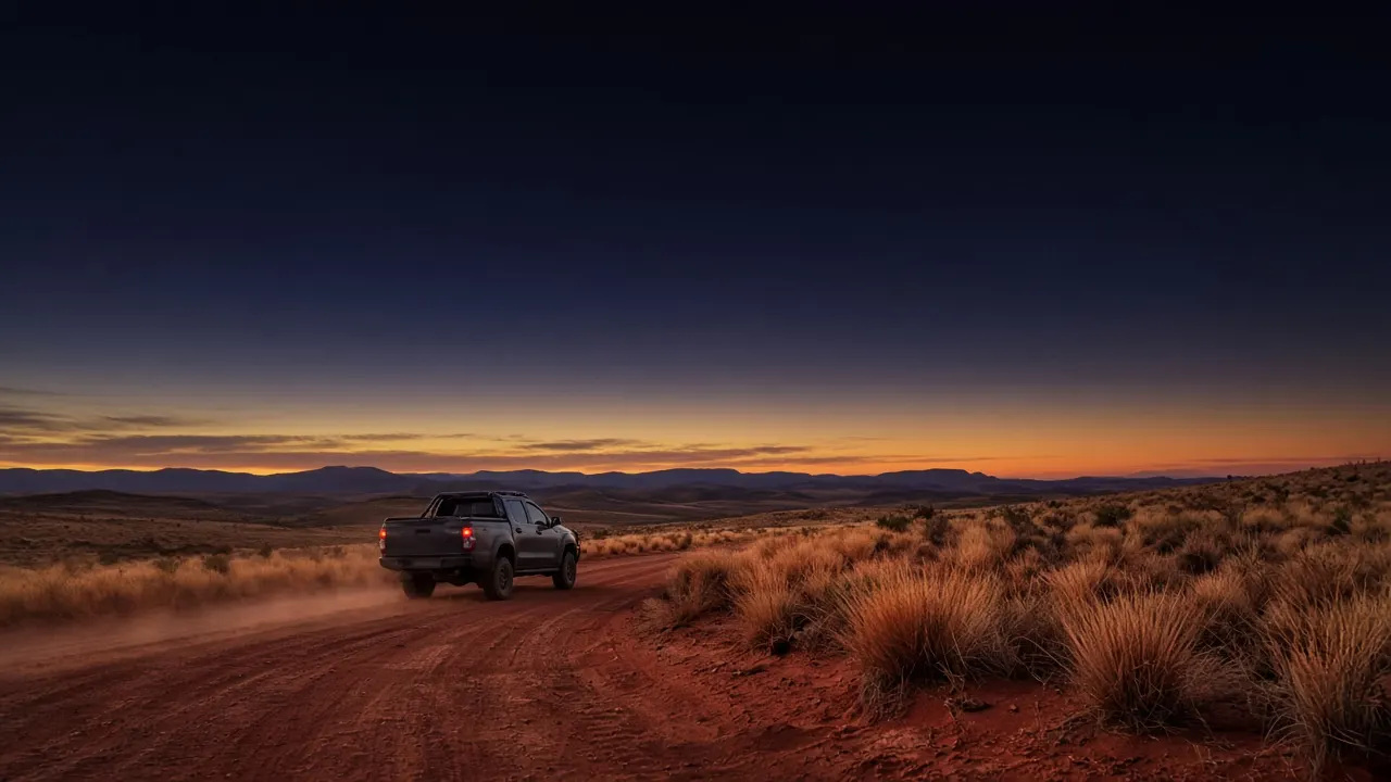A 4WD on a red-dirt outback track at dusk under a wide Australian sky