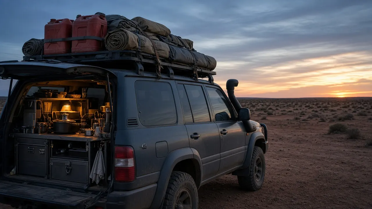 Packed 4WD ready for a remote trip at dawn