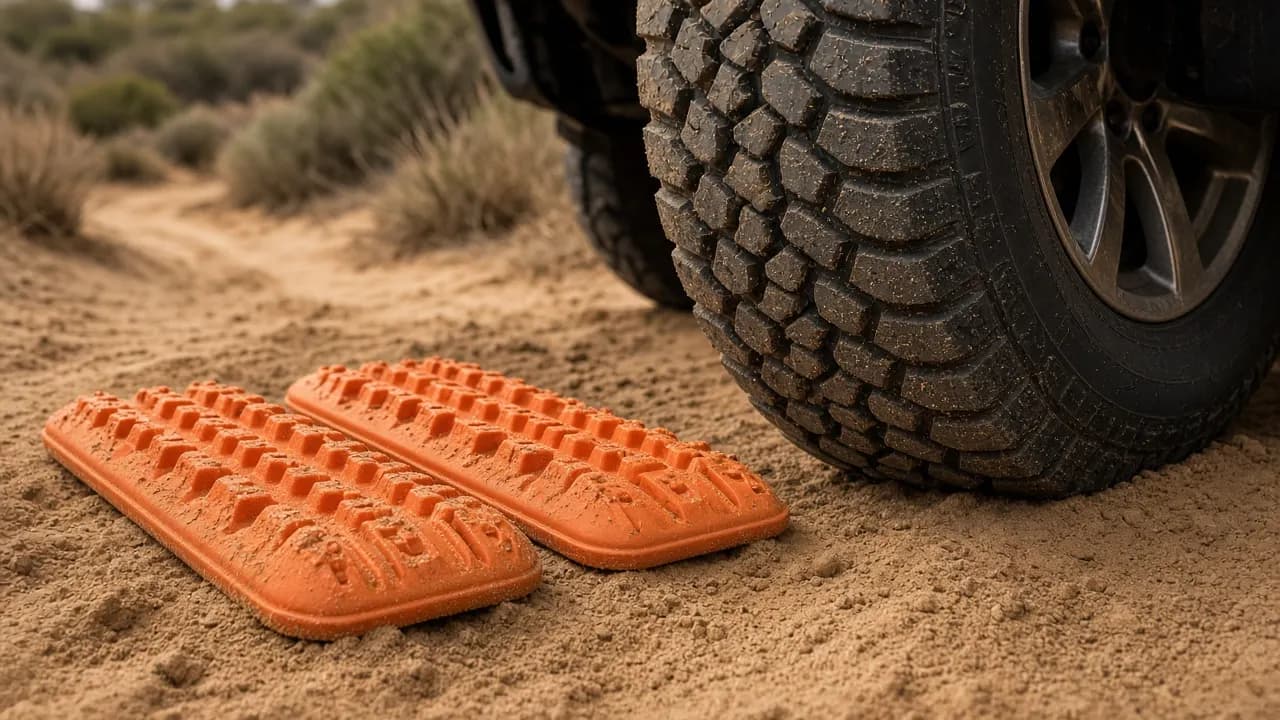 Recovery boards and a 4WD on a sandy track