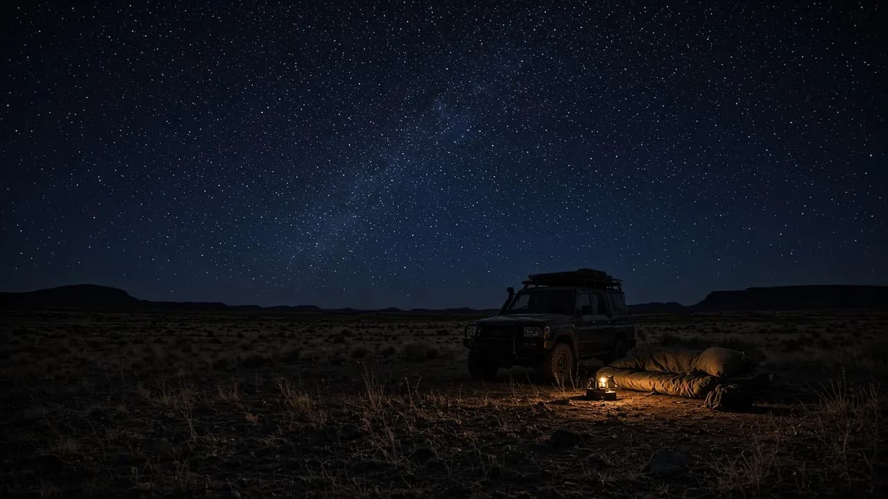 Night sky over a remote camp with a 4WD nearby