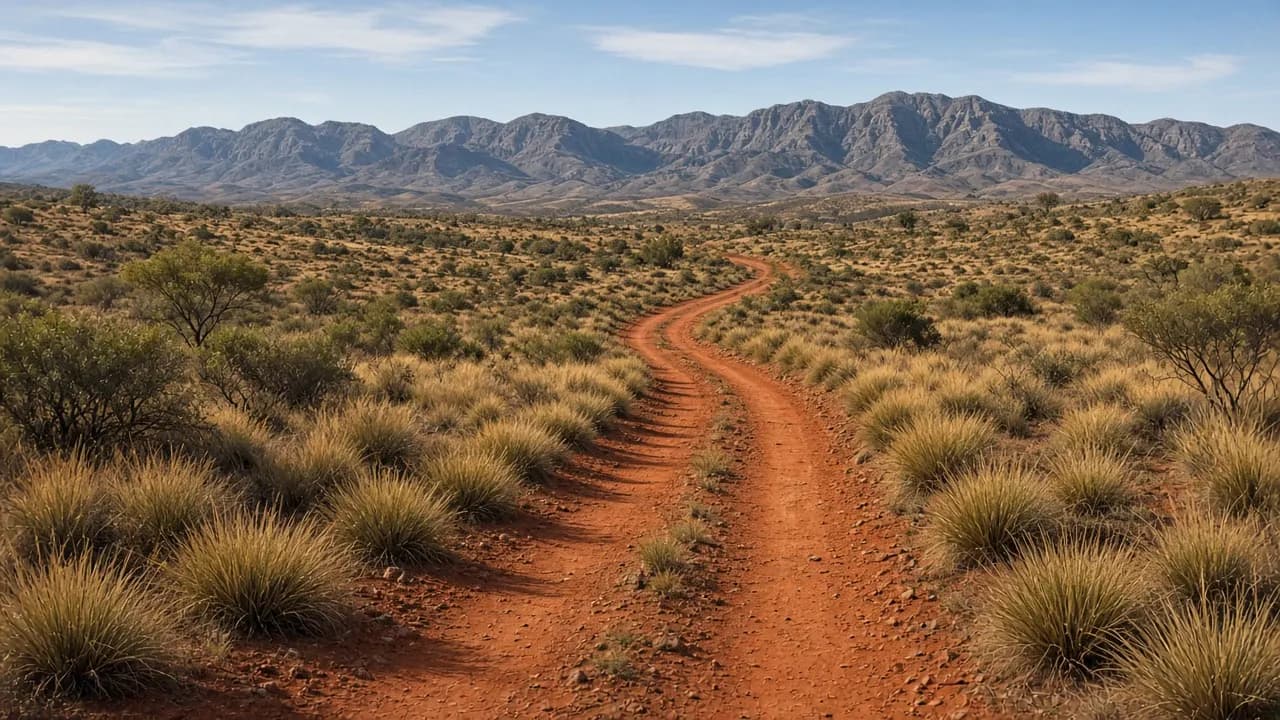 Red-dirt 4WD track crossing open Australian country